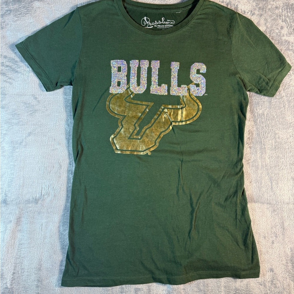 USF Bulls Sequin Bling Shirt Womens Large Green Gold Glitter Game Tee Sparkle L